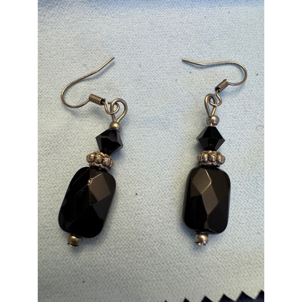 Black Faceted Bead Drop Earrings Silver Tone Fishhook Boho Goth Style
